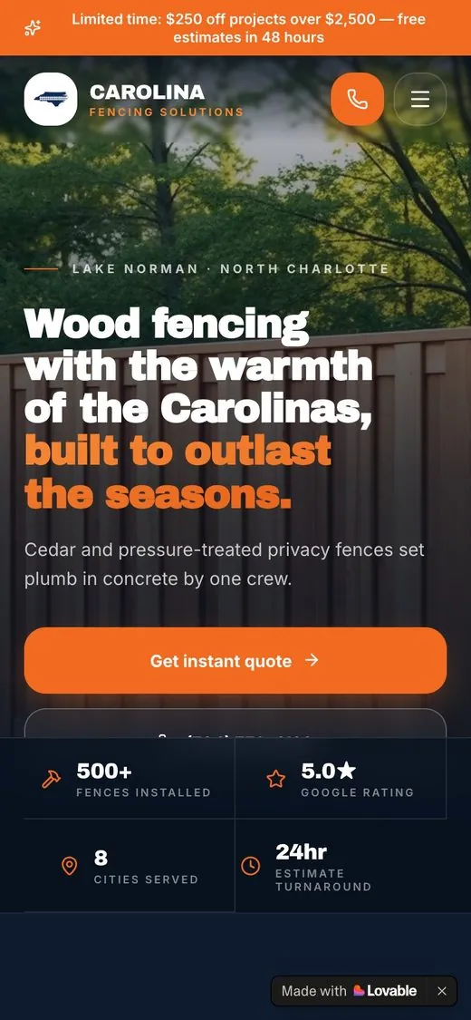 Carolina Fencing Solutions homepage on a phone