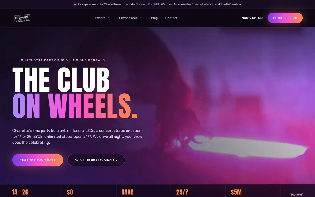 CLT Limo Bus homepage, Party bus, Charlotte