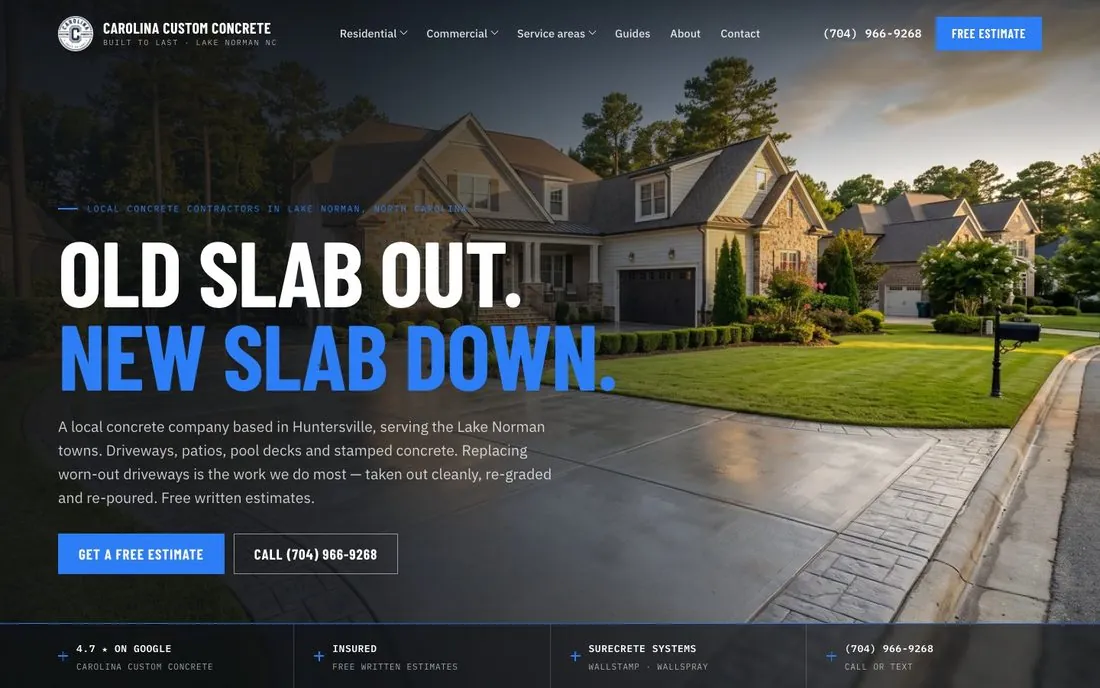 Carolina Custom Concrete homepage, Concrete, Lake Norman