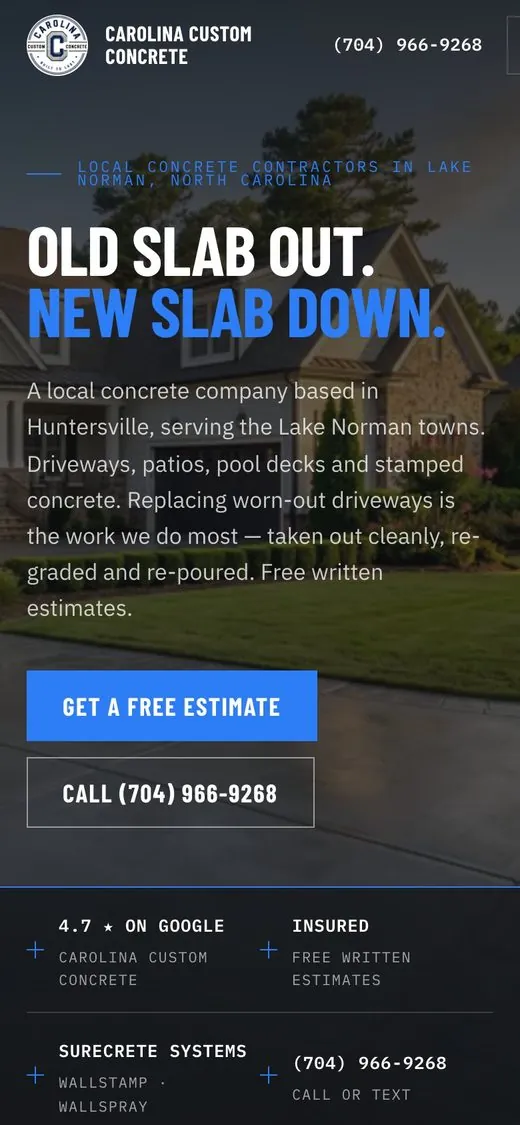 Carolina Custom Concrete homepage on a phone