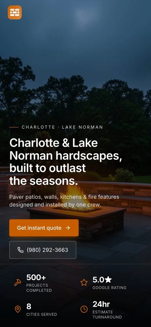 Outdoor Custom Hardscapes homepage on a phone